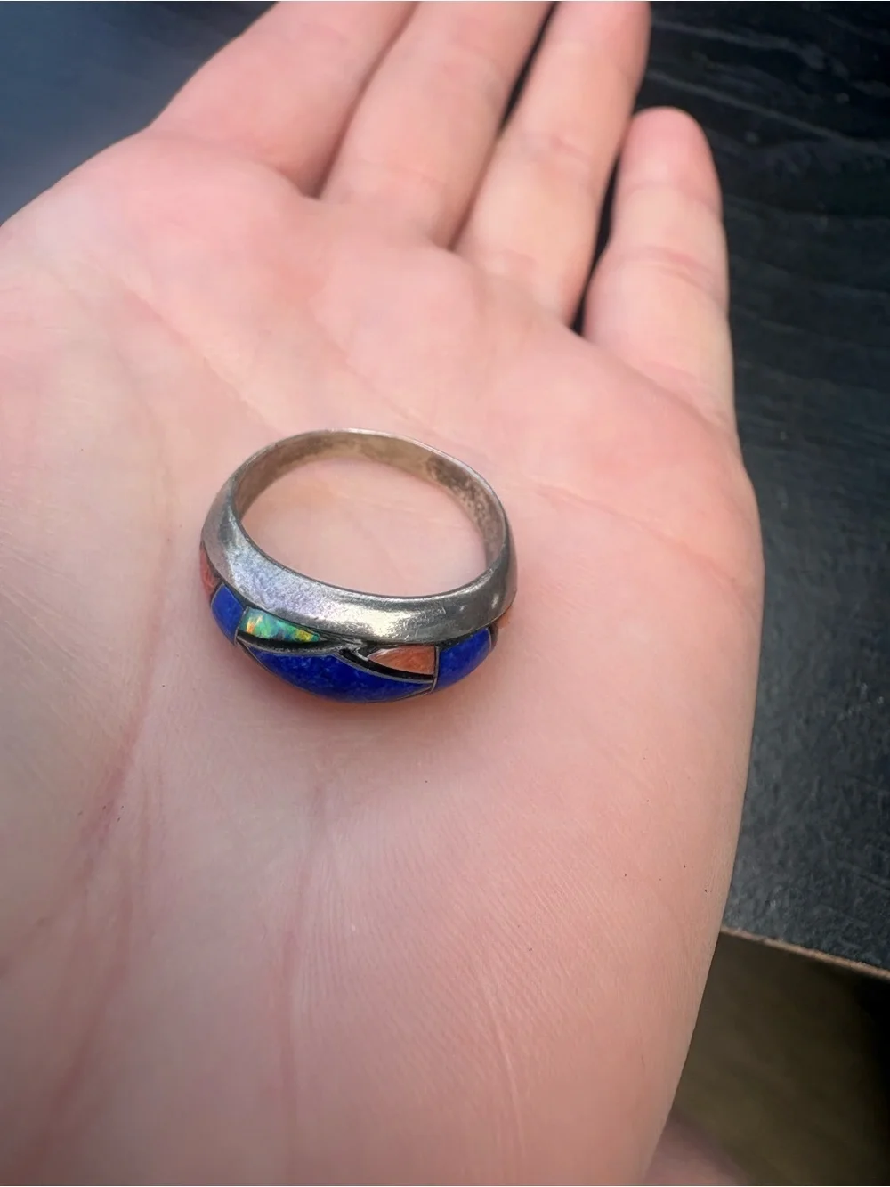 P. Sanchez Sterling Silver Ring with Blue, Orange, Opal Stones - Size 8.5